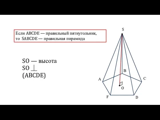 Если ABCDE — правильный пятиугольник, то SABCDE — правильная пирамида SO —