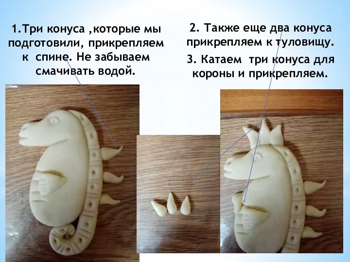 1.Три конуса ,которые мы подготовили, прикрепляем к спине. Не забываем смачивать водой.