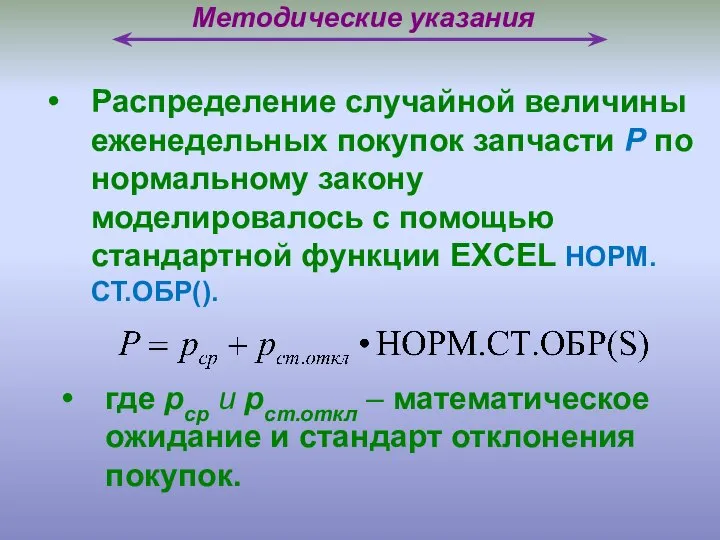 Методические указания Распределение случайной величины еженедельных покупок запчасти P по нормальному закону