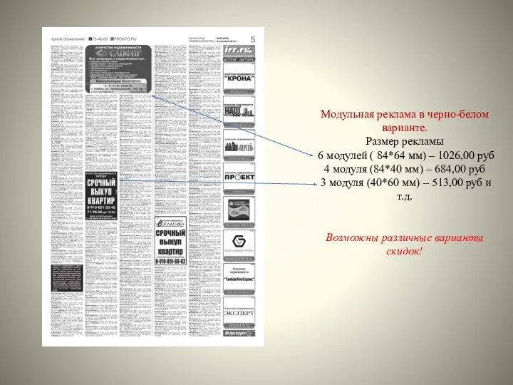 Модульная реклама в черно-белом варианте. Размер рекламы 6 модулей ( 84*64 мм)