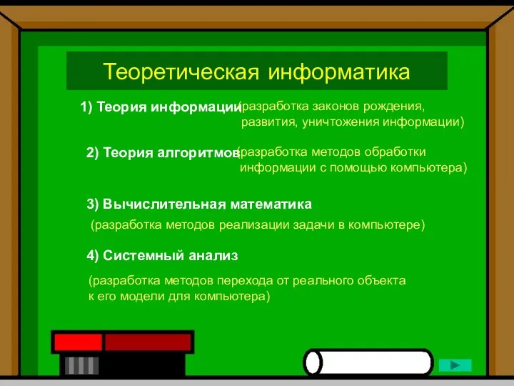 Теоретическая информатика 1) Теория информации (разработка законов рождения, развития, уничтожения информации) 2)