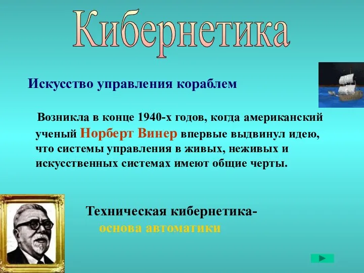 Кибернетика Искусство управления кораблем Возникла в конце 1940-х годов, когда американский ученый