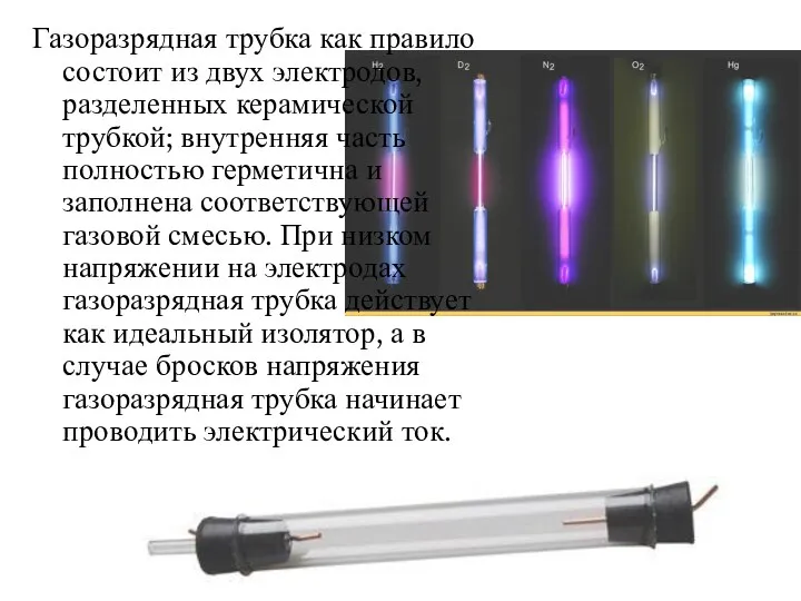 Газоразрядная трубка как правило состоит из двух электродов, разделенных керамической трубкой; внутренняя