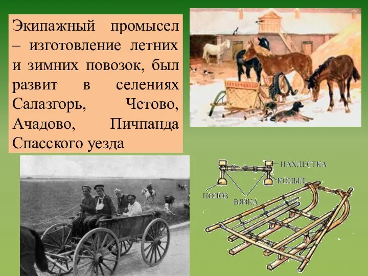 Экипажный промысел – изготовление летних и зимних повозок, был развит в селениях