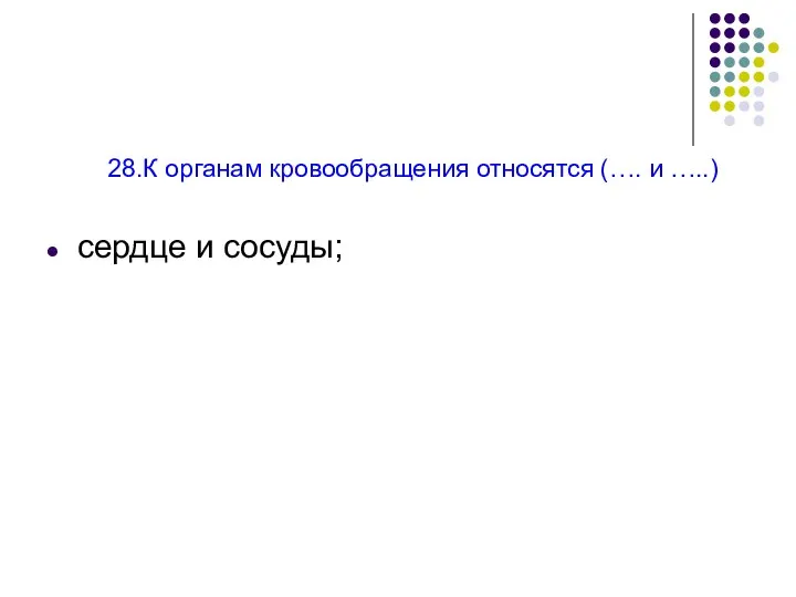 28.К органам кровообращения относятся (…. и …..) сердце и сосуды;