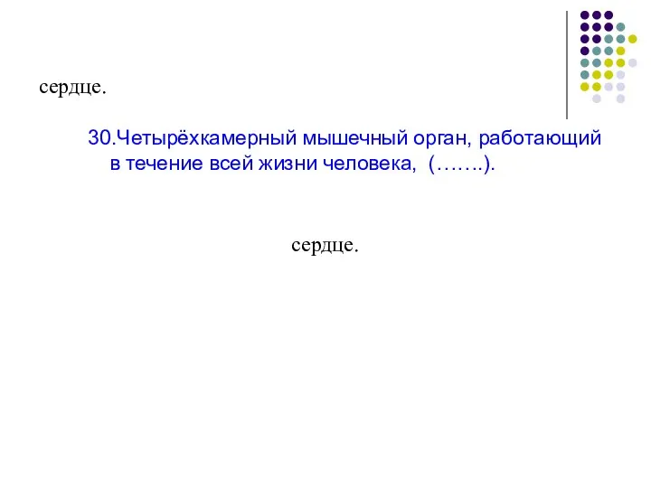 сердце. 30.Четырёхкамерный мышечный орган, работающий в течение всей жизни человека, (…….). сердце.