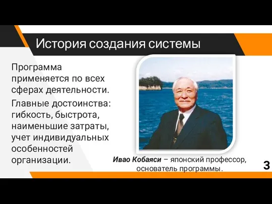 История создания системы Программа применяется по всех сферах деятельности. Главные достоинства: гибкость,