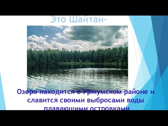 Это Шайтан-озеро Озеро находится в Уржумском районе и славится своими выбросами воды плавающими островками