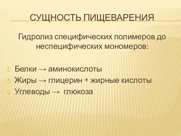 СУЩНОСТЬ ПИЩЕВАРЕНИЯ Гидролиз специфических полимеров до неспецифических мономеров: Белки → аминокислоты Жиры