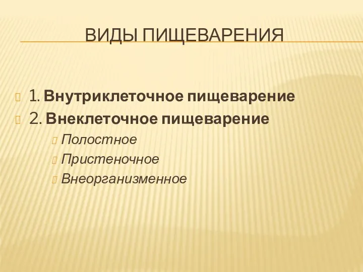 ВИДЫ ПИЩЕВАРЕНИЯ 1. Внутриклеточное пищеварение 2. Внеклеточное пищеварение Полостное Пристеночное Внеорганизменное