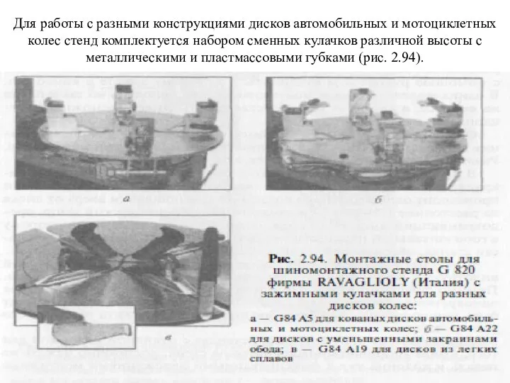 Для работы с разными конструкциями дисков автомобильных и мотоциклетных колес стенд комплектуется