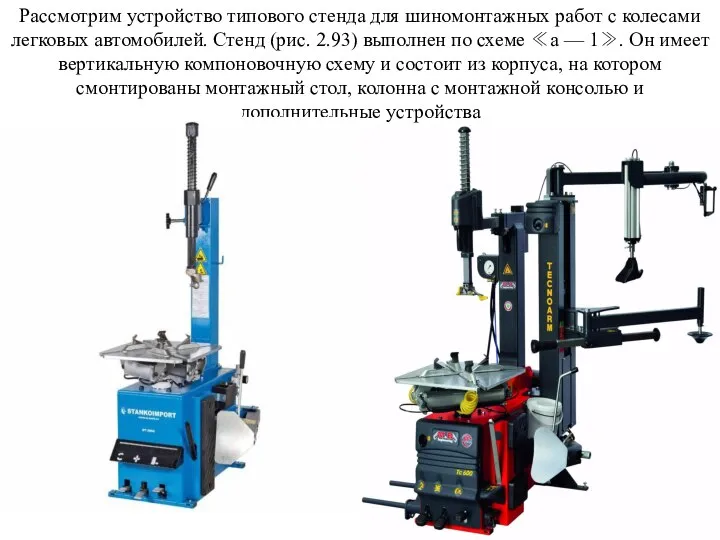 Рассмотрим устройство типового стенда для шиномонтажных работ с колесами легковых автомобилей. Стенд