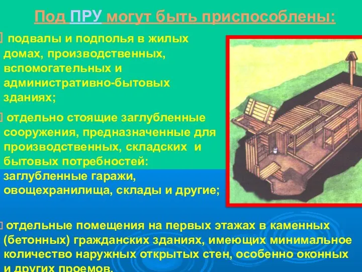 подвалы и подполья в жилых домах, производственных, вспомогательных и административно-бытовых зданиях; отдельно