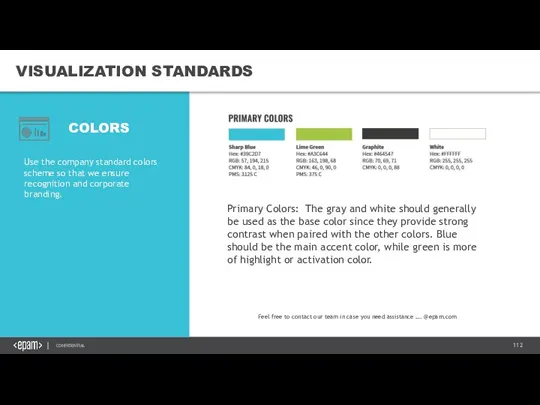 VISUALIZATION STANDARDS Use the company standard colors scheme so that we ensure