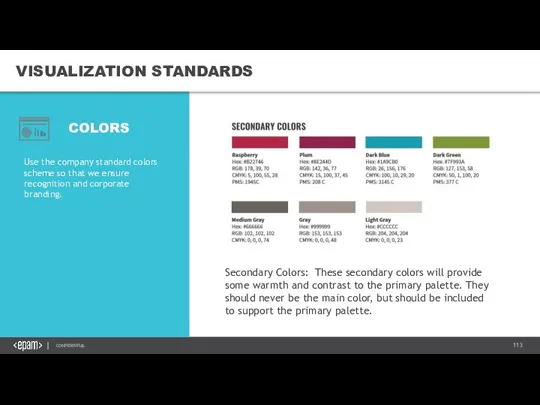 VISUALIZATION STANDARDS Use the company standard colors scheme so that we ensure