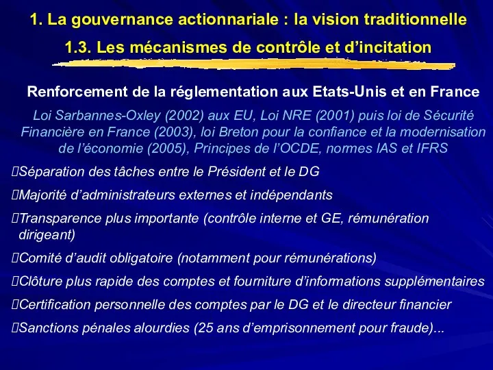 Renforcement de la réglementation aux Etats-Unis et en France Loi Sarbannes-Oxley (2002)