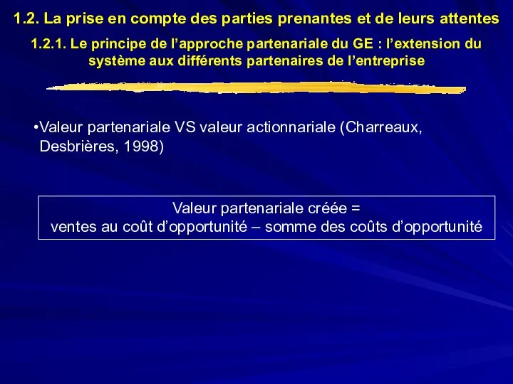 Valeur partenariale VS valeur actionnariale (Charreaux, Desbrières, 1998) Valeur partenariale créée =