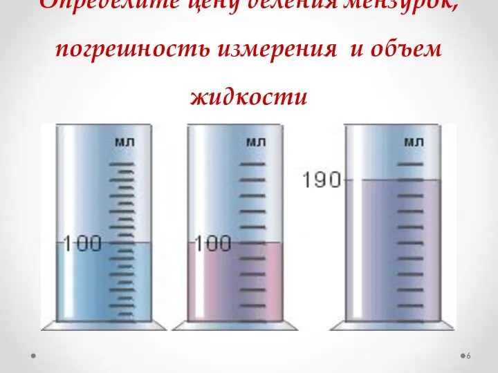 Определите цену деления мензурок, погрешность измерения и объем жидкости