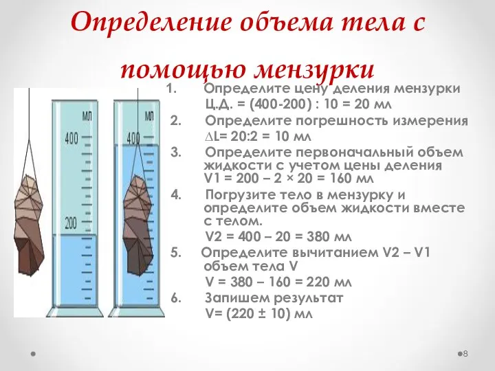 Определение объема тела с помощью мензурки Определите цену деления мензурки Ц.Д. =