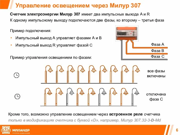 Управление освещением через Милур 307 Пример подключения: Импульсный выход A управляет фазами