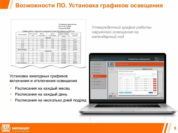 Возможности ПО. Установка графиков освещения Утвержденный график работы наружного освещения на календарный