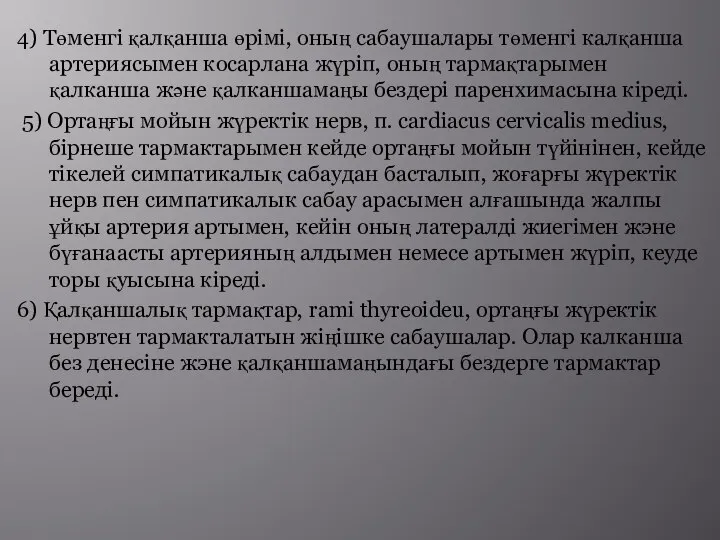 4) Төменгі қалқанша өрімі, оның сабаушалары төменгі калқанша артериясымен косарлана жүріп, оның