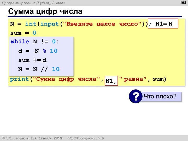 Сумма цифр числа N = int(input("Введите целое число")) sum = 0 print("Сумма
