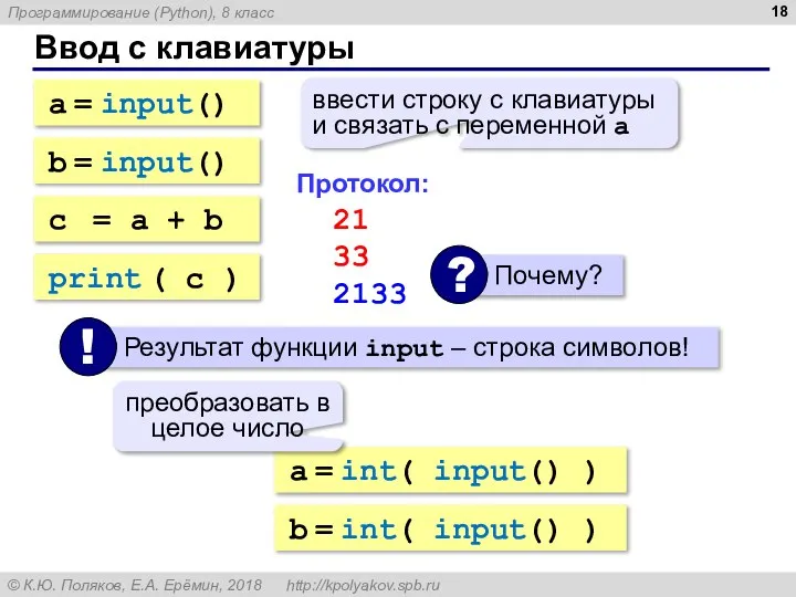 Ввод с клавиатуры a = input() ввести строку с клавиатуры и связать