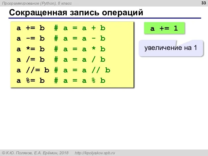 Сокращенная запись операций a += b # a = a + b