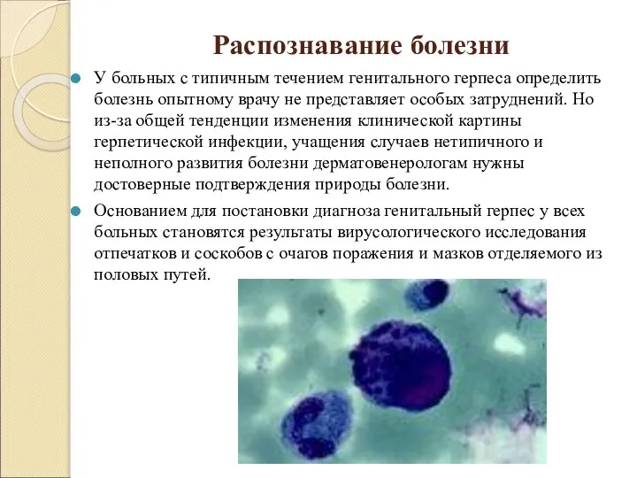 Распознавание болезни У больных с типичным течением генитального герпеса определить болезнь опытному