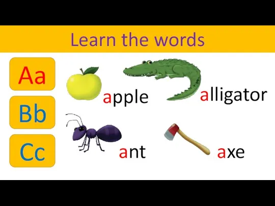 Cc Learn the words apple axe ant alligator Bb Aa