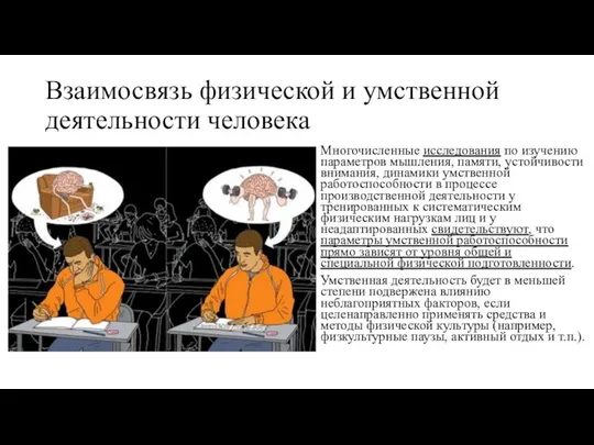 Взаимосвязь физической и умственной деятельности человека Многочисленные исследования по изучению параметров мышления,