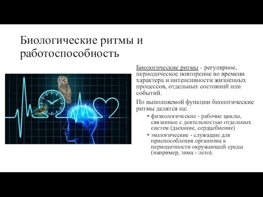 Биологические ритмы и работоспособность Биологические ритмы - регулярное, периодическое повторение во времени