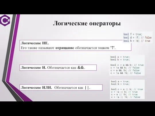 Логические операторы Логическое НЕ. Его также называют отрицание обозначается знаком "!". Логическое