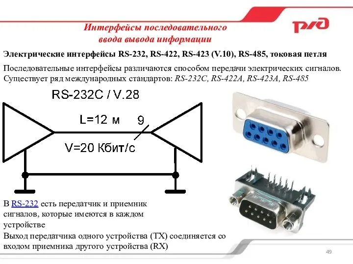 Интерфейсы последовательного ввода вывода информации Электрические интерфейсы RS-232, RS-422, RS-423 (V.10), RS-485,