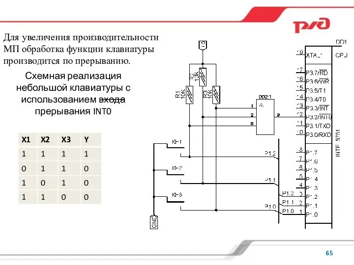 Для увеличения производительности МП обработка функции клавиатуры производится по прерыванию. Схемная реализация