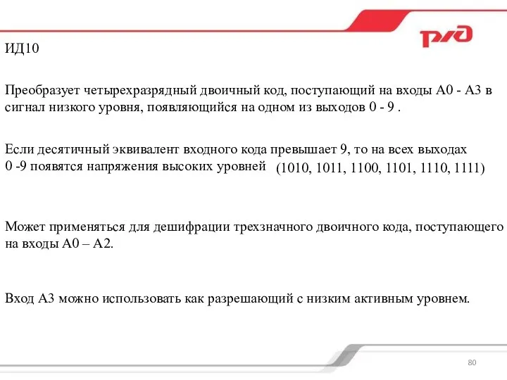 ИД10 Преобразует четырехразрядный двоичный код, поступающий на входы А0 - А3 в