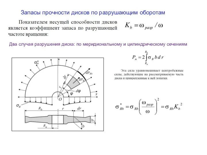 Запасы прочности дисков по разрушающим оборотам Два случая разрушения диска: по меридиональному и цилиндрическому сечениям