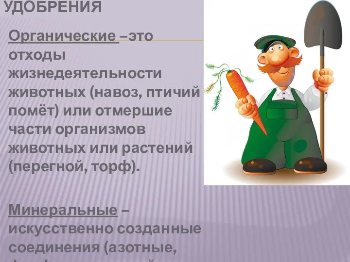 УДОБРЕНИЯ Органические –это отходы жизнедеятельности животных (навоз, птичий помёт) или отмершие части