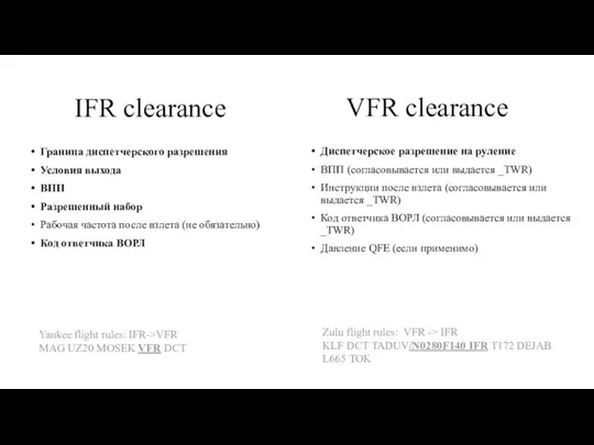 IFR clearance Граница диспетчерского разрешения Условия выхода ВПП Разрешенный набор Рабочая частота