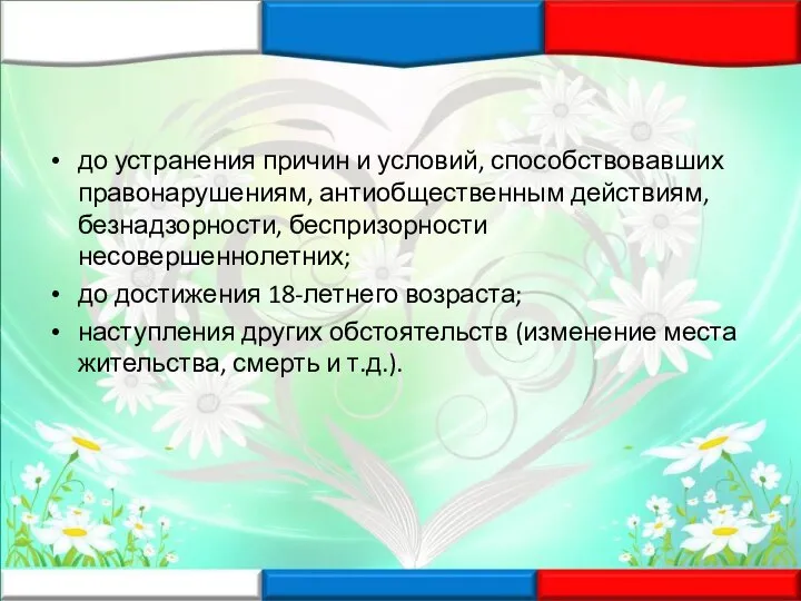 до устранения причин и условий, способствовавших правонарушениям, антиобщественным действиям, безнадзорности, беспризорности несовершеннолетних;