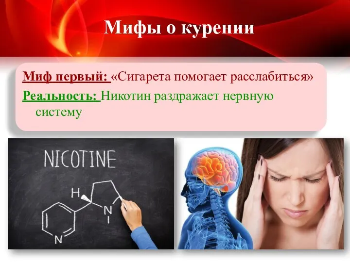 Миф первый: «Сигарета помогает расслабиться» Реальность: Никотин раздражает нервную систему Мифы о курении