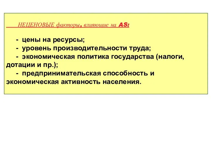 НЕЦЕНОВЫЕ факторы, влияющие на AS: - цены на ресурсы; - уровень производительности