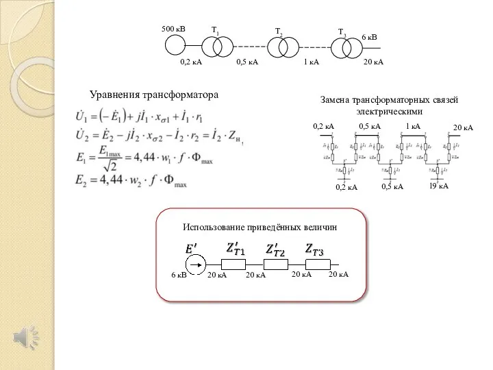 T2 T1 T3 500 кВ 0,2 кА 0,5 кА 1 кА 20