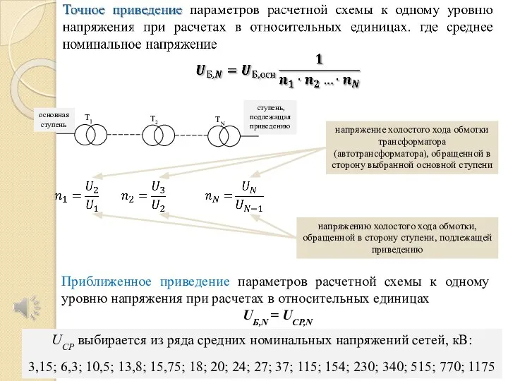 T2 T1 TN основная ступень ступень, подлежащая приведению напряжение холостого хода обмотки