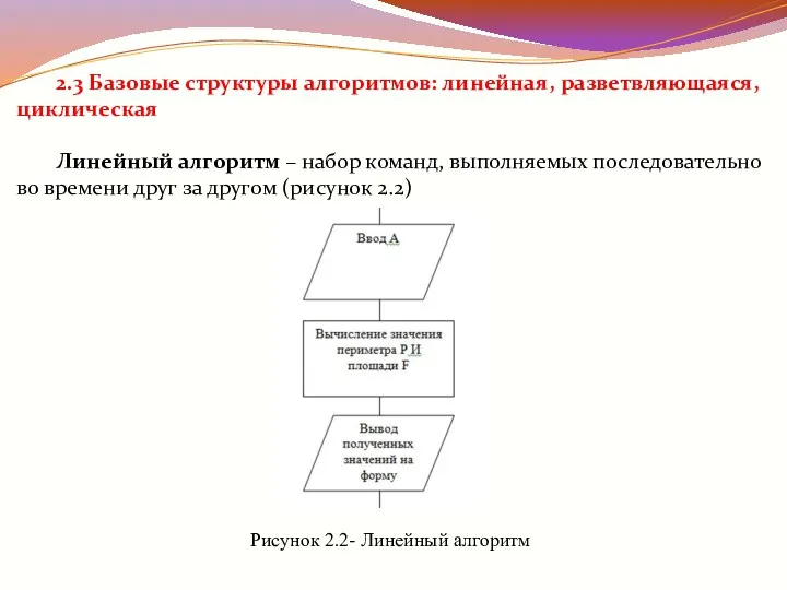 2.3 Базовые структуры алгоритмов: линейная, разветвляющаяся, циклическая Линейный алгоритм – набор команд,