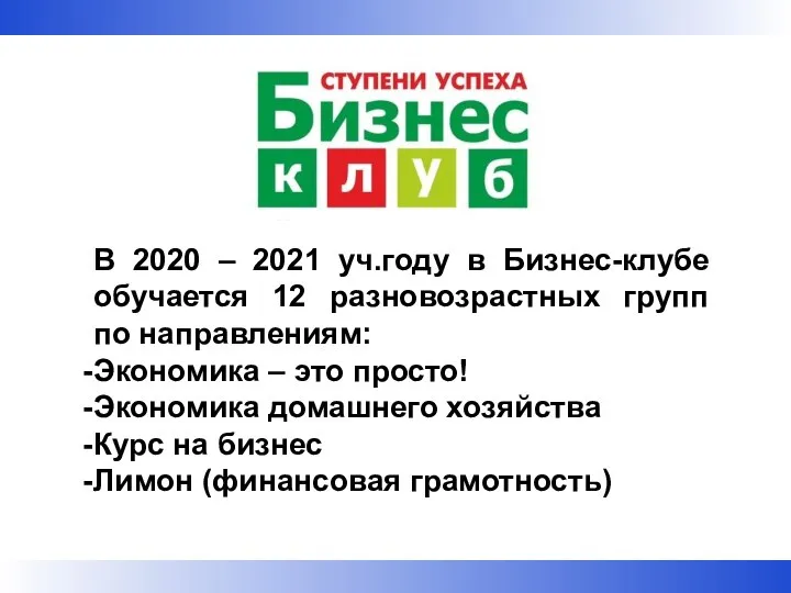 В 2020 – 2021 уч.году в Бизнес-клубе обучается 12 разновозрастных групп по