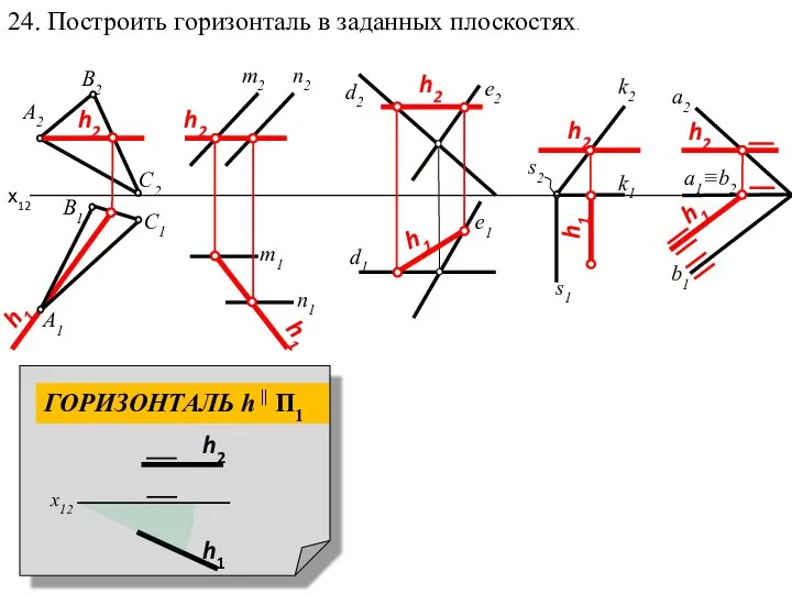 24. Построить горизонталь в заданных плоскостях. х12 h2 h1 h2 h1 h2