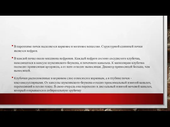 В паренхиме почек выделяется корковое и мозговое вещество. Структурной единицей почки является