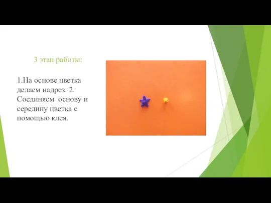 3 этап работы: 1.На основе цветка делаем надрез. 2.Соединяем основу и середину цветка с помощью клея.